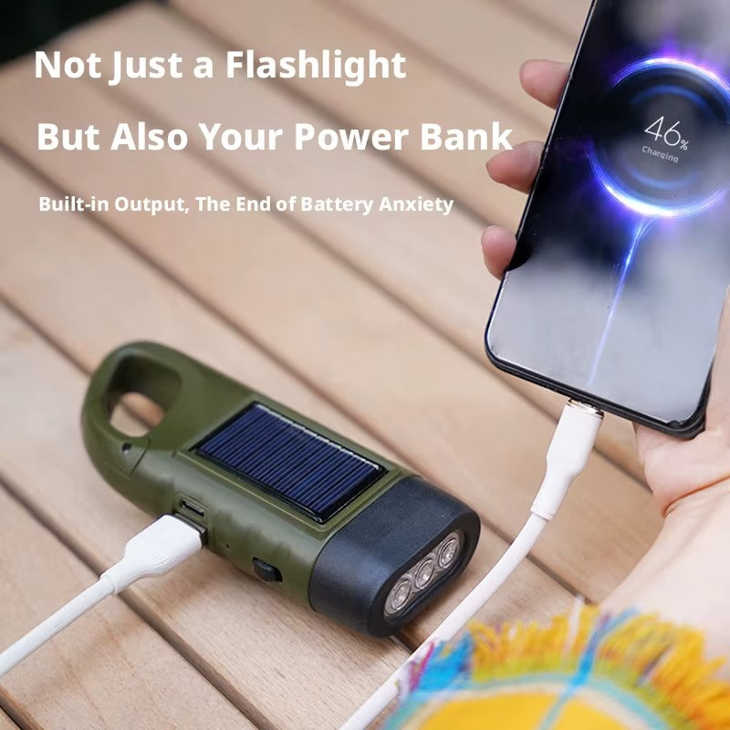Multifunktionell LED-nödlampa med handvev och solcellsladdning.