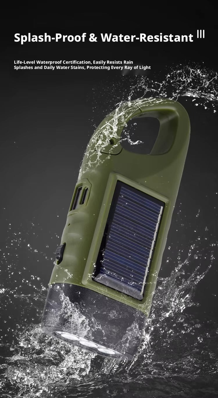 Multifunktionell LED-nödlampa med handvev och solcellsladdning.
