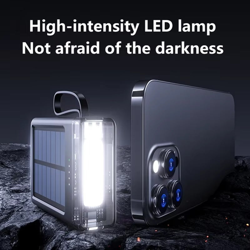 Portabel LED-lampa med inbyggd powerbank och laddkabel – kompatibel med iPhone.
